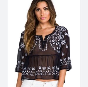 Free People Sheer Black Babydoll Shirt with White Embroidery L